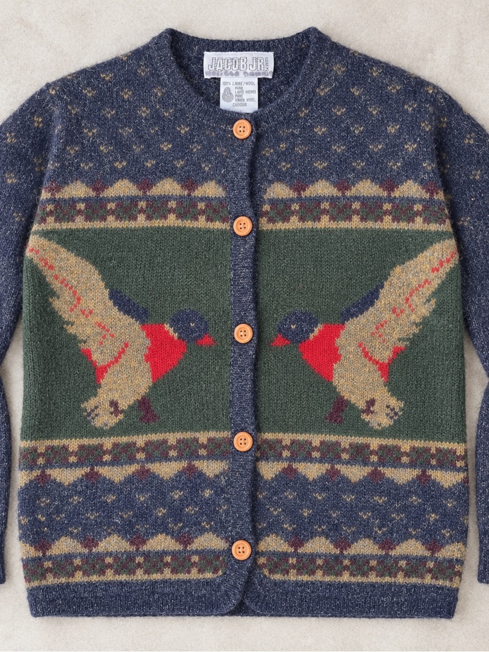 Vintage JACOB Navy Fair Isle 100% Wool Cardigan Mallard 🦆 Motif Small Petite